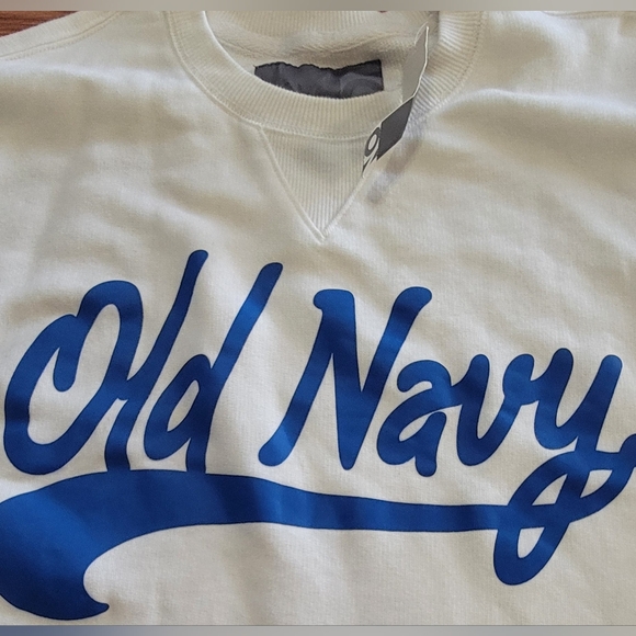 Old Navy Men's Crewneck Sweater in White with Blue Logo - Picture 3 of 4